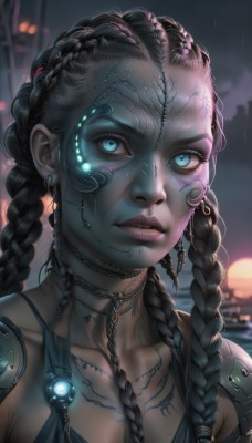 1girl,solo,long hair,breasts,looking at viewer,blue eyes,black hair,cleavage,jewelry,collarbone,upper body,braid,earrings,outdoors,parted lips,artist name,dark skin,necklace,blurry,twin braids,dark-skinned female,lips,eyelashes,tattoo,makeup,blurry background,glowing,facial mark,piercing,portrait,backlighting,freckles,science fiction,sunset,realistic,nose,cyborg,cyberpunk,multiple braids,teeth,night,close-up,rain,facepaint,bodypaint,mascara,neck tattoo,dreadlocks