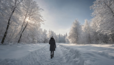 1girl, solo, standing, boots, outdoors, sky, hood, from behind, tree, coat, nature, scenery, snow, forest, wide shot, winter, bare tree, landscape, footprints