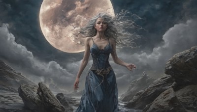 1girl,solo,long hair,breasts,dress,cleavage,bare shoulders,medium breasts,standing,collarbone,grey hair,outdoors,sky,cloud,signature,lips,fingernails,night,floating hair,blue dress,wavy hair,moon,cloudy sky,wind,full moon,long fingernails,rock,mountain,realistic,looking at viewer,white hair,night sky,moonlight