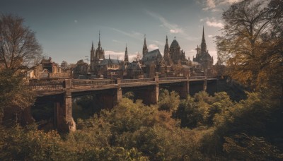 outdoors,sky,day,cloud,tree,blue sky,no humans,moon,cloudy sky,grass,building,nature,scenery,forest,fantasy,bridge,castle,tower,night,bush,architecture,arch