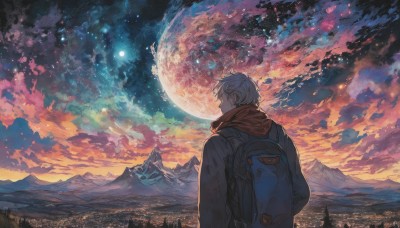 solo,short hair,long sleeves,1boy,jacket,upper body,white hair,male focus,outdoors,sky,cloud,bag,from behind,scarf,coat,profile,night,looking away,moon,backpack,cloudy sky,star (sky),nature,night sky,scenery,full moon,starry sky,sunset,red scarf,mountain,city,facing away,landscape,mountainous horizon,city lights,signature,planet