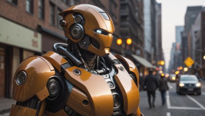 blue eyes,1boy,upper body,outdoors,multiple boys,solo focus,blurry,depth of field,blurry background,glowing,helmet,robot,ground vehicle,building,mecha,motor vehicle,1other,science fiction,city,car,road,police,street,looking ahead,cyberpunk,humanoid robot,traffic light,solo,male focus,day,armor,from side,no humans,cable,power armor