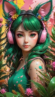 1girl,solo,long hair,breasts,looking at viewer,blush,bangs,hair ornament,animal ears,bare shoulders,closed mouth,green eyes,upper body,flower,green hair,sleeveless,artist name,cat ears,hair flower,from side,lips,animal ear fluff,eyelashes,makeup,swept bangs,headphones,leaf,watermark,tank top,plant,lipstick,web address,freckles,pink lips,nose,green shirt,mascara,paint splatter,shirt,signature,sleeveless shirt,pink flower,eyeshadow,yellow flower