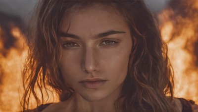 1girl,solo,long hair,looking at viewer,brown hair,brown eyes,closed mouth,blurry,lips,eyelashes,depth of field,blurry background,wavy hair,fire,portrait,freckles,realistic,nose,artist name,expressionless,close-up