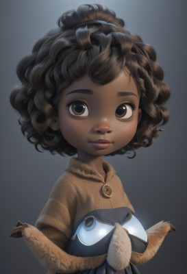 1girl,solo,looking at viewer,short hair,simple background,brown hair,black hair,brown eyes,jewelry,closed mouth,upper body,dark skin,dark-skinned female,lips,gradient,gradient background,eyelashes,child,freckles,curly hair,nose,female child,very dark skin,breasts,smile,holding,wings,fur trim,capelet,mask,bird,watermark,feathers,black background,messy hair,dark background