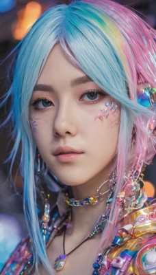 1girl,solo,long hair,looking at viewer,bangs,blue eyes,hair ornament,jewelry,closed mouth,blue hair,pink hair,multicolored hair,earrings,choker,artist name,necklace,blurry,two-tone hair,lips,parted bangs,grey eyes,eyelashes,aqua hair,makeup,blurry background,gem,portrait,freckles,realistic,nose,parted lips,streaked hair,depth of field,chain,close-up,beads,pink lips