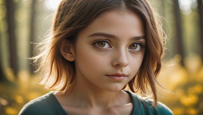 1girl,solo,looking at viewer,short hair,brown hair,shirt,brown eyes,closed mouth,collarbone,outdoors,blurry,lips,eyelashes,depth of field,blurry background,portrait,close-up,forehead,freckles,realistic,nose,nature,forest,backlighting,bokeh