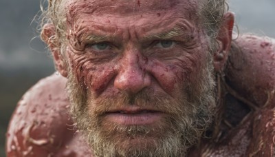 solo,looking at viewer,short hair,blonde hair,1boy,jewelry,closed mouth,male focus,earrings,armor,blurry,grey eyes,blood,blurry background,facial hair,thick eyebrows,portrait,beard,close-up,mature male,realistic,mustache,manly,old,dirty,old man,wrinkled skin,green eyes,scar,scar on face,veins,serious,blood on face,scar across eye