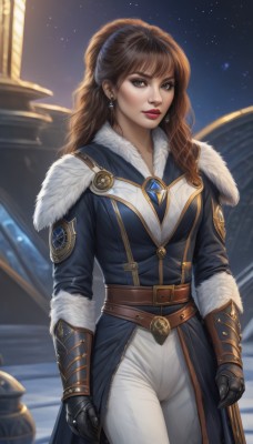 1girl,solo,long hair,breasts,looking at viewer,bangs,brown hair,gloves,brown eyes,jewelry,medium breasts,standing,cowboy shot,earrings,outdoors,sky,belt,pants,armor,blurry,lips,coat,fur trim,makeup,night,blurry background,wavy hair,lipstick,gauntlets,star (sky),night sky,buckle,starry sky,white pants,nose,arms at sides,winter clothes,red lips,brown belt,blue coat,jacket,artist name,watermark,realistic,emblem