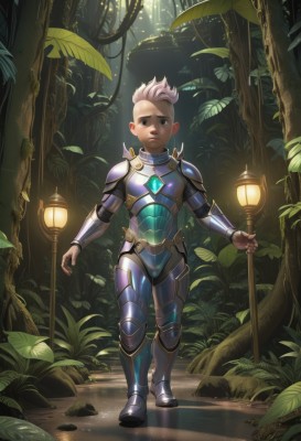 solo,looking at viewer,short hair,1boy,standing,full body,white hair,male focus,boots,outdoors,parted lips,teeth,artist name,water,armor,tree,leaf,plant,shoulder armor,child,nature,forest,walking,pauldrons,breastplate,armored boots,male child,open mouth,blue eyes,grass,staff,rock,lamp,mohawk