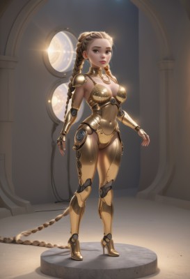 1girl,solo,long hair,breasts,looking at viewer,blonde hair,large breasts,brown hair,cleavage,brown eyes,jewelry,medium breasts,closed mouth,standing,full body,braid,earrings,boots,armor,high heels,twin braids,lips,bodysuit,covered navel,makeup,skin tight,high heel boots,science fiction,android,joints,cyborg,robot joints,mechanical tail,gold armor,navel,very long hair,swimsuit,bikini,parted lips,forehead,braided ponytail,realistic,nose,mechanical arms,bikini armor,gold,mechanical legs,gold bikini,gold choker,gold footwear