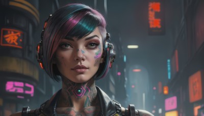 1girl,solo,looking at viewer,short hair,bangs,black hair,closed mouth,green eyes,pink hair,purple hair,multicolored hair,choker,blurry,two-tone hair,lips,tattoo,makeup,blurry background,swept bangs,headphones,portrait,eyeshadow,science fiction,realistic,nose,android,eyeliner,cyborg,cyberpunk,neon lights,brown eyes,streaked hair,eyelashes,close-up,facepaint,facial tattoo,mascara