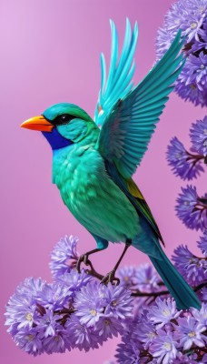 solo,simple background,closed mouth,full body,flower,blurry,black eyes,no humans,bird,animal,pink background,purple background,realistic,purple flower,branch,animal focus,talons,beak,artist name,gradient,gradient background,watermark,white flower