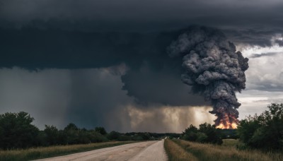 outdoors,sky,day,cloud,tree,no humans,cloudy sky,grass,fire,nature,scenery,forest,smoke,mountain,road,bush,landscape,fog,path,burning