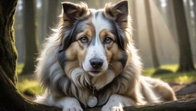 HQ,solo,looking at viewer,brown eyes,outdoors,day,blurry,collar,tree,no humans,depth of field,blurry background,animal,sunlight,nature,forest,dog,realistic,animal focus,jewelry,signature,necklace,blood,watermark,pendant