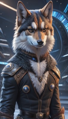 solo,looking at viewer,smile,long sleeves,1boy,brown eyes,closed mouth,jacket,upper body,male focus,belt,artist name,armor,black eyes,black jacket,fur trim,no humans,animal,furry,buckle,dog,furry male,body fur,leather,animal focus,white fur,wolf,blue eyes,teeth,signature,shoulder armor,fur collar,realistic,badge