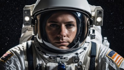 solo,looking at viewer,1boy,closed mouth,upper body,male focus,black eyes,facial hair,helmet,portrait,star (sky),reflection,science fiction,realistic,space,american flag,spacesuit,astronaut,blue eyes,star (symbol),frown,starry sky,serious,planet,earth (planet),spacecraft,japanese flag,space helmet,united states