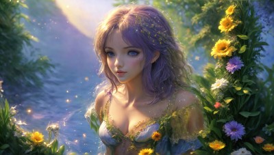 HQ,1girl,solo,long hair,breasts,looking at viewer,smile,bangs,blue eyes,hair ornament,dress,cleavage,bare shoulders,medium breasts,purple eyes,collarbone,upper body,purple hair,flower,outdoors,parted lips,artist name,water,blurry,lips,see-through,depth of field,leaf,sunlight,plant,nature,realistic,yellow flower,nose,fantasy,blush,day,tree,eyelashes,blurry background,blue dress,wavy hair,white flower,gem,forest,pink lips,purple flower,dappled sunlight