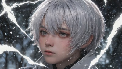 1girl,solo,looking at viewer,short hair,bangs,hair between eyes,closed mouth,white hair,artist name,blurry,lips,grey eyes,eyelashes,blurry background,portrait,snow,close-up,freckles,snowing,realistic,nose,blush,grey hair,looking away,expressionless