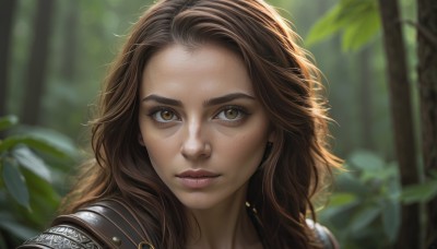 1girl,solo,long hair,looking at viewer,brown hair,brown eyes,closed mouth,outdoors,armor,blurry,lips,eyelashes,depth of field,blurry background,leaf,wavy hair,plant,shoulder armor,messy hair,portrait,nature,close-up,forest,freckles,pauldrons,realistic,nose,yellow eyes,day,artist name,signature,sunlight,forehead