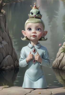 1girl,solo,short hair,blue eyes,blonde hair,long sleeves,dress,jewelry,standing,flower,earrings,outdoors,parted lips,pointy ears,water,black eyes,tree,lips,blue dress,crown,looking up,pointing,brooch,gem,child,nature,forehead,wading,forest,rock,female child,lily pad,pond,realistic