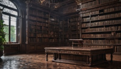 day,indoors,tree,book,no humans,window,sunlight,plant,scenery,light rays,wooden floor,stairs,bookshelf,potted plant,book stack,library,ladder,chandelier,water,chair,table,fantasy,candle,candlestand