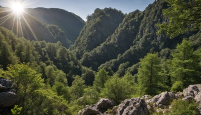 outdoors,sky,day,cloud,tree,no humans,sunlight,grass,nature,scenery,forest,light rays,rock,mountain,sun,landscape,signature,blue sky,moss