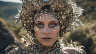 1girl,solo,looking at viewer,short hair,brown hair,black hair,green eyes,parted lips,teeth,artist name,blurry,lips,grey eyes,makeup,depth of field,blurry background,facial mark,helmet,portrait,realistic,straight-on,open mouth,outdoors,armor,eyelashes,gem,close-up,freckles,nose,headdress