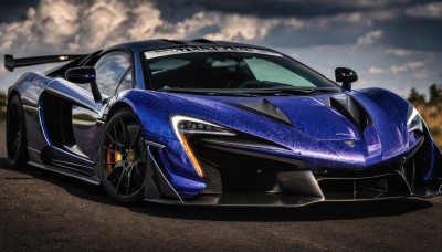 outdoors,sky,cloud,blurry,no humans,shadow,cloudy sky,ground vehicle,motor vehicle,car,vehicle focus,wheel,sports car,tree