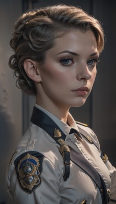 1girl,solo,looking at viewer,short hair,blue eyes,blonde hair,simple background,brown hair,shirt,closed mouth,jacket,white shirt,upper body,necktie,collared shirt,mole,uniform,from side,lips,grey eyes,military,eyelashes,mole under eye,military uniform,white jacket,freckles,realistic,nose,badge,police,police uniform,policewoman,breasts,braid,artist name,blurry,blurry background,portrait,black necktie,emblem