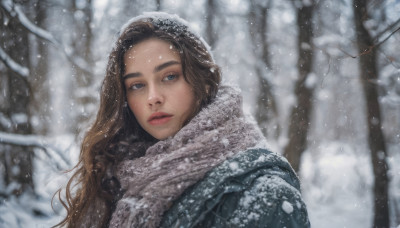 1girl, solo, long hair, blue eyes, brown hair, upper body, outdoors, parted lips, scarf, blurry, tree, lips, coat, snow, freckles, snowing, realistic, winter clothes, winter, bare tree