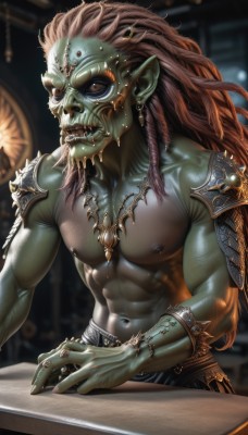 solo,long hair,open mouth,1boy,navel,jewelry,nipples,braid,male focus,red hair,earrings,teeth,pointy ears,armor,blurry,bracelet,muscular,blurry background,colored skin,fangs,piercing,abs,table,pectorals,sharp teeth,muscular male,shoulder armor,spikes,veins,pauldrons,topless male,green skin,monster boy,orc,tusks,looking at viewer,brown hair,brown eyes,artist name,necklace,bara,skull,realistic,nose,shoulder pads