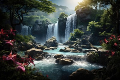 PREMIUM,flower,outdoors,sky,day,water,tree,no humans,leaf,sunlight,plant,nature,scenery,forest,rock,mountain,river,waterfall,landscape,stream,cloud,cliff