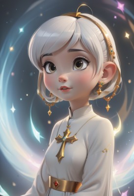 1girl,solo,breasts,blush,smile,short hair,bangs,long sleeves,dress,brown eyes,jewelry,white shirt,upper body,ahoge,white hair,hairband,earrings,small breasts,parted lips,teeth,artist name,necklace,star (symbol),white dress,lips,eyelashes,sparkle,swept bangs,cross,child,freckles,red lips,looking at viewer,hair ornament,watermark,thick eyebrows,web address,nose