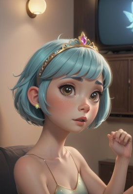 1girl,solo,breasts,looking at viewer,blush,short hair,bangs,cleavage,bare shoulders,brown eyes,jewelry,sitting,blue hair,collarbone,upper body,hairband,earrings,small breasts,parted lips,teeth,artist name,indoors,hand up,blurry,lips,eyelashes,window,aqua hair,blurry background,chair,bug,tiara,butterfly,clenched hand,camisole,freckles,nose,spaghetti strap,lamp,mascara,fingernails,watermark,gem,web address,realistic,fairy