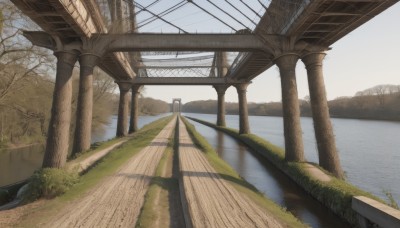 outdoors,sky,day,water,tree,blue sky,no humans,grass,building,scenery,reflection,road,ruins,bridge,power lines,pillar,river,railroad tracks,cloud,plant,fence,utility pole,landscape