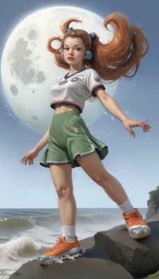 1girl,solo,long hair,breasts,looking at viewer,skirt,brown hair,shirt,hair ornament,navel,brown eyes,medium breasts,standing,full body,white shirt,short sleeves,outdoors,parted lips,sky,shoes,shorts,day,socks,midriff,artist name,signature,water,lips,crop top,night,floating hair,headphones,ocean,watermark,beach,moon,white socks,green skirt,wind,sneakers,forehead,full moon,freckles,rock,sportswear,nose,sand,green shorts,waves,orange footwear,open mouth,twintails,very long hair,two side up,hair bobbles,adidas