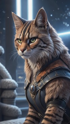 solo,looking at viewer,jewelry,closed mouth,green eyes,upper body,signature,armor,blurry,no humans,blurry background,animal,cat,slit pupils,gem,stairs,animal focus,pillar,whiskers,artist name,from side,realistic,green sclera