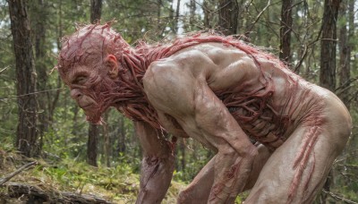 solo,1boy,male focus,nude,outdoors,teeth,day,from side,tree,blood,muscular,plant,nature,forest,veins,monster,realistic,alien,horror (theme),guro,closed mouth,profile,pectorals