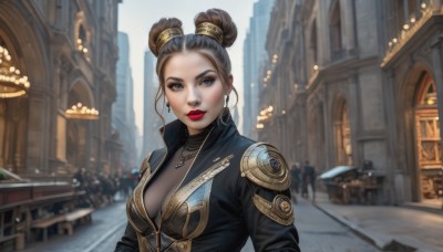 1girl,solo,breasts,looking at viewer,blue eyes,brown hair,black hair,cleavage,jewelry,medium breasts,jacket,upper body,multicolored hair,earrings,outdoors,parted lips,solo focus,day,necklace,hair bun,blurry,lips,grey eyes,double bun,bodysuit,makeup,depth of field,blurry background,lipstick,building,forehead,high collar,city,realistic,red lips,smile,short hair,mole,eyelashes,umbrella,single hair bun,eyeshadow,hoop earrings,nose,road,eyeliner,street,gold