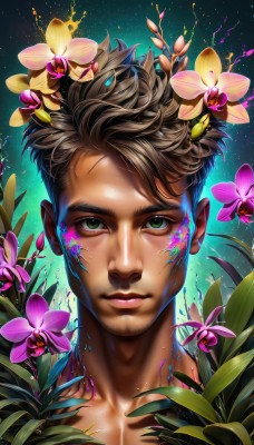 solo,looking at viewer,short hair,brown hair,1boy,closed mouth,green eyes,collarbone,flower,male focus,artist name,dark skin,lips,glowing,facial hair,leaf,watermark,dark-skinned male,plant,portrait,star (sky),pink flower,realistic,nose,facepaint,upper body,hair flower,scar,topless male