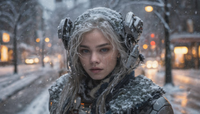 1girl, solo, long hair, looking at viewer, blue eyes, hat, closed mouth, upper body, outdoors, blurry, lips, coat, fur trim, depth of field, blurry background, headgear, portrait, snow, science fiction, snowing, realistic, nose, winter clothes, winter, cyberpunk