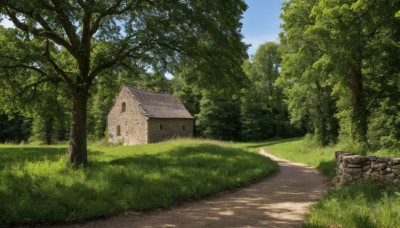 outdoors,sky,day,cloud,tree,blue sky,no humans,shadow,grass,building,nature,scenery,forest,rock,road,bush,wall,house,path,brick wall,stone wall