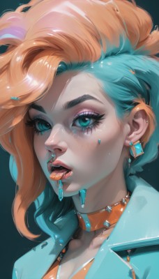 1girl,solo,looking at viewer,short hair,open mouth,blue eyes,simple background,jewelry,green eyes,blue hair,collarbone,jacket,multicolored hair,earrings,parted lips,teeth,choker,tongue,shiny,artist name,orange hair,collar,aqua eyes,lips,eyelashes,aqua hair,makeup,piercing,thick eyebrows,lipstick,ear piercing,portrait,eyeshadow,freckles,nose,hair behind ear,eyeliner,mascara,orange choker,long hair,upper body,tongue out,black background,tongue piercing,nose piercing,lip piercing