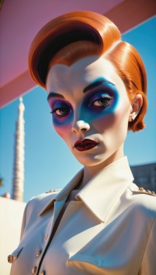 1girl,solo,looking at viewer,short hair,shirt,jewelry,closed mouth,white shirt,upper body,earrings,outdoors,sky,day,collared shirt,orange hair,blurry,uniform,black eyes,blue sky,lips,eyelashes,makeup,buttons,blurry background,lipstick,eyeshadow,red lips,eyeliner,mascara,blue eyes,brown hair,brown eyes,artist name,tree,realistic