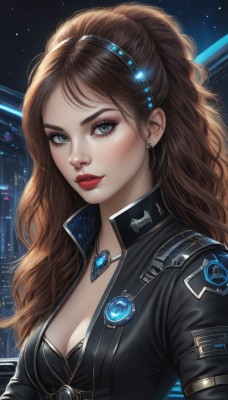 1girl,solo,long hair,breasts,looking at viewer,blue eyes,brown hair,cleavage,jewelry,medium breasts,underwear,jacket,upper body,hairband,earrings,artist name,necklace,bra,lips,black jacket,eyelashes,bodysuit,makeup,night,wavy hair,lipstick,gem,eyeshadow,curly hair,realistic,red lips,bangs,closed mouth,ponytail,sky,signature,black bra,star (sky),starry sky,nose,eyeliner