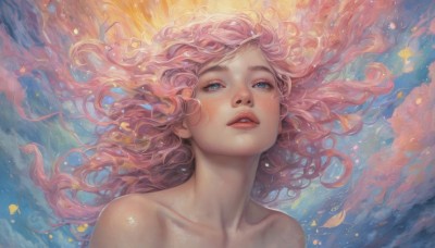 1girl,solo,long hair,blue eyes,bare shoulders,collarbone,upper body,pink hair,nude,parted lips,teeth,water,lips,petals,floating hair,wavy hair,looking up,portrait,underwater,realistic,looking at viewer,bubble,nose,air bubble,submerged