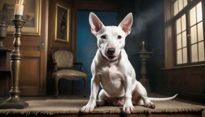 HQ,solo,looking at viewer,sitting,indoors,black eyes,collar,no humans,window,animal,chair,table,dog,wooden floor,realistic,door,candle,animal focus,mouse,painting (object),horror (theme),carpet,fireplace,animal collar,picture frame,armchair,rug