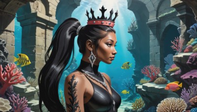 1girl,solo,long hair,breasts,black hair,bare shoulders,jewelry,medium breasts,upper body,ponytail,earrings,dark skin,water,black eyes,dark-skinned female,lips,tattoo,makeup,crown,lipstick,fish,light rays,underwater,ruins,turtle,coral,blue eyes,necklace,profile,tiara,bubble,rock