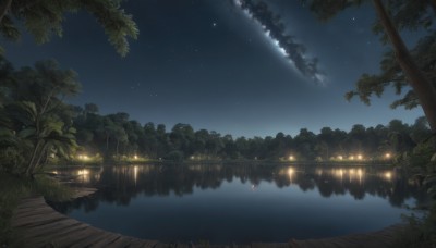 outdoors,sky,water,tree,no humans,night,grass,plant,star (sky),nature,night sky,scenery,forest,starry sky,reflection,bridge,river,boat,lake,cloud,building,lantern,watercraft,reflective water,pier